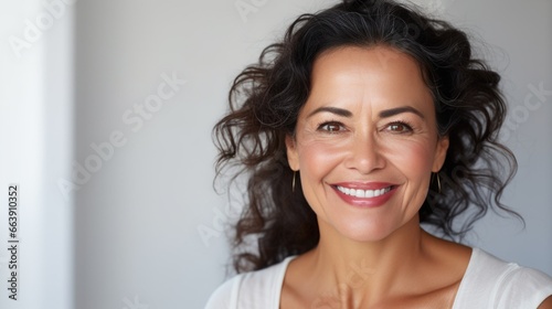 Close-up photo of a beautiful 50 year old woman with natural makeup on a light background. Concept of health, cosmetology, face and skin care