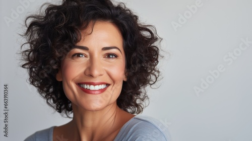 Close-up photo of a beautiful 50 year old woman with natural makeup on a light background. Concept of health, cosmetology, face and skin care