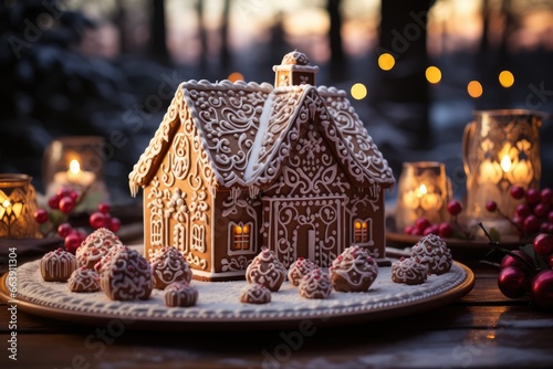 Christmas gingerbread house on a plate in the winter forest at sunset. Gingerbread House Delights. © annne