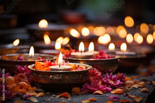 Diwali Festival of Lights. Burning diya lamps and flowers on dark background, closeup. 