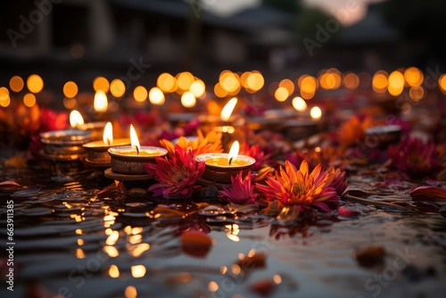 Diwali Festival of Lights. Candles in the water with flowers in the foreground. The concept of Hinduism. 