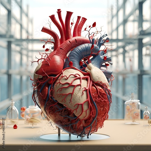 circulatory system. Anatomy of Human Heart on medical background. 3d render. photo