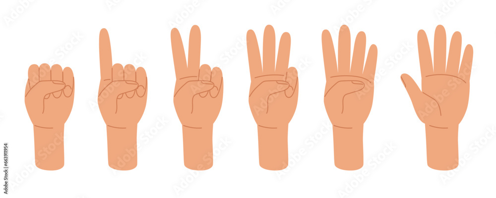 Set human hands gestures counting number zero, one, two, three, four, five. Vector illustration in doodle style  - obrazy, fototapety, plakaty 