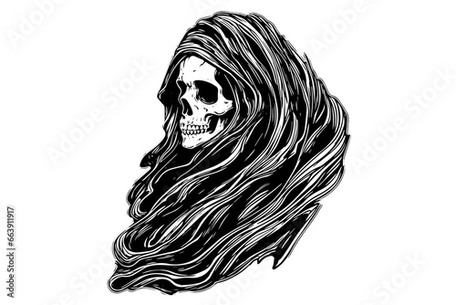 Death skull in a burqa hand drawn ink sketch. Engraved style vector illustration