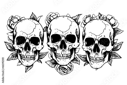 Skull with roses hand drawn ink sketch. Engraved style vector illustration