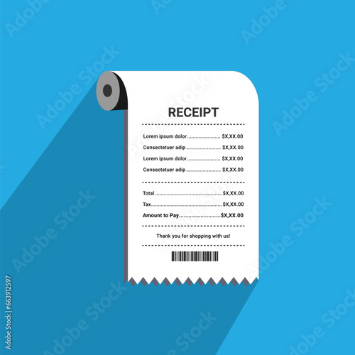 Printed copy of bill, invoice print, receipt copy with taxes and total amount, barcode, printed receipt vector