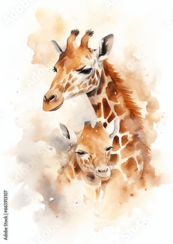 Watercolor animals portrait nature african giraffe wild safari mammal wildlife baby art africa