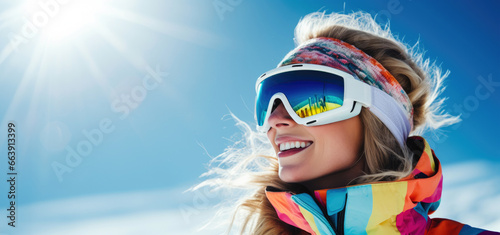 smiling female skier with goggles on blue sky background on sunny winter day. ski vacations