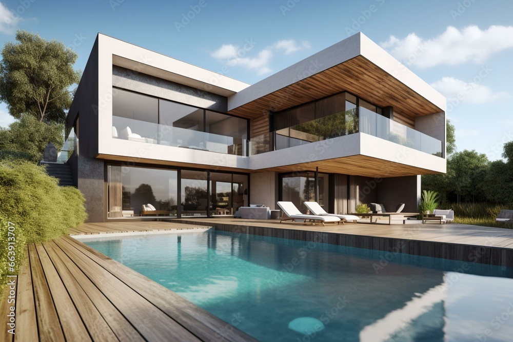 Modern residence with swimming pool, featuring a private villa and an outdoor deck. Rendered in 3D. Generative AI