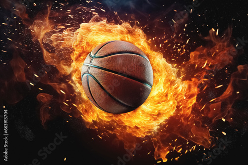 Hot basketball in fires flame. Generative Ai © Alexandra