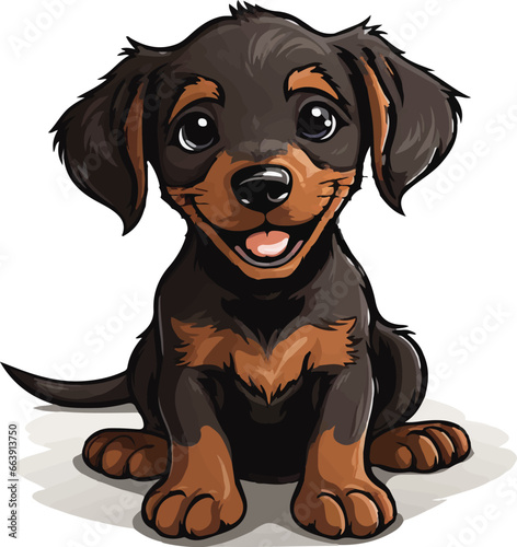 A vibrant illustration of a playful black and tan dachshund puppy  with big bright eyes and a friendly smile  sitting attentively.