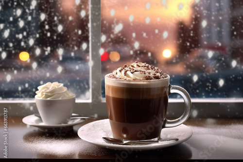 mug of hot coffee on the windowsill  Merry Christmas greeting card. Generative Ai