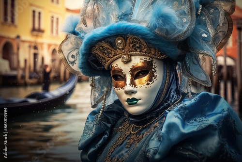 a mysterious woman in venice carnival mask. Generative Ai photo