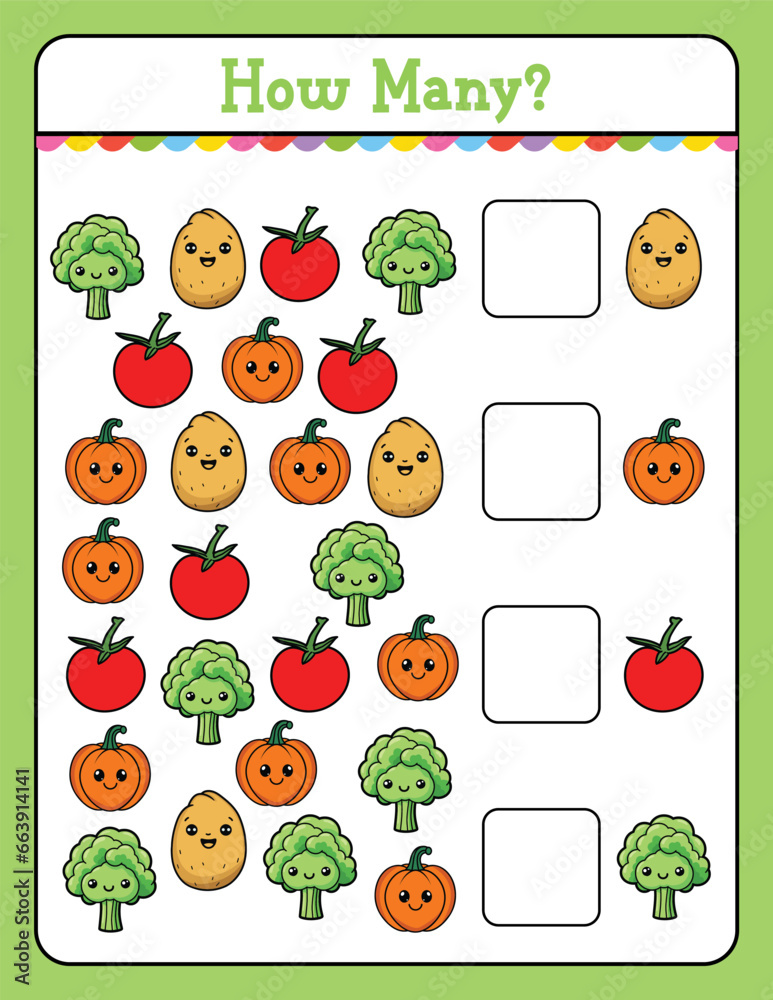 How Many game for kids searching and counting activity for preschool children with vegetables How Many game for kids searching and counting activity for preschool children with vegetables