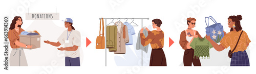 Clothes donation. Vector illustration. Donating clothes is meaningful way to contribute to those in need Clothes donations provide assistance to less fortunate Donating unused clothes
