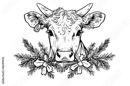 Cow with a wreath hand drawn ink sketch. Engraved style vector illustration