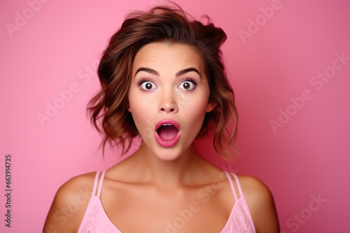 Beautiful stylish young woman with surprised face expression on pink trendy background