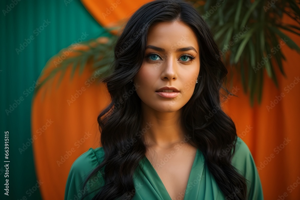 Attractive woman in light green dress with a blue eyes and long cutly black hair on solid orange and green background. Generative Ai.