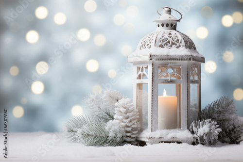 White lantern with candle and decorations on snow, Christmas or New year card with copy space