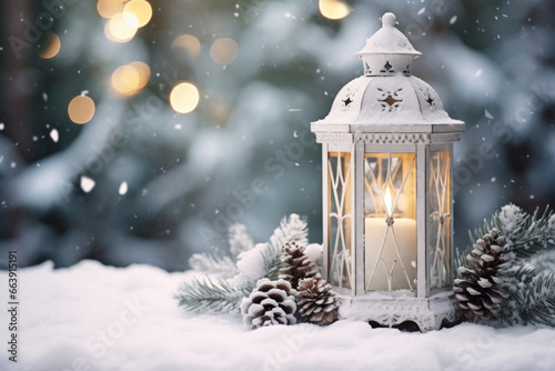 White lantern with candle and decorations on snow, Christmas or New year card with copy space © Lana_M