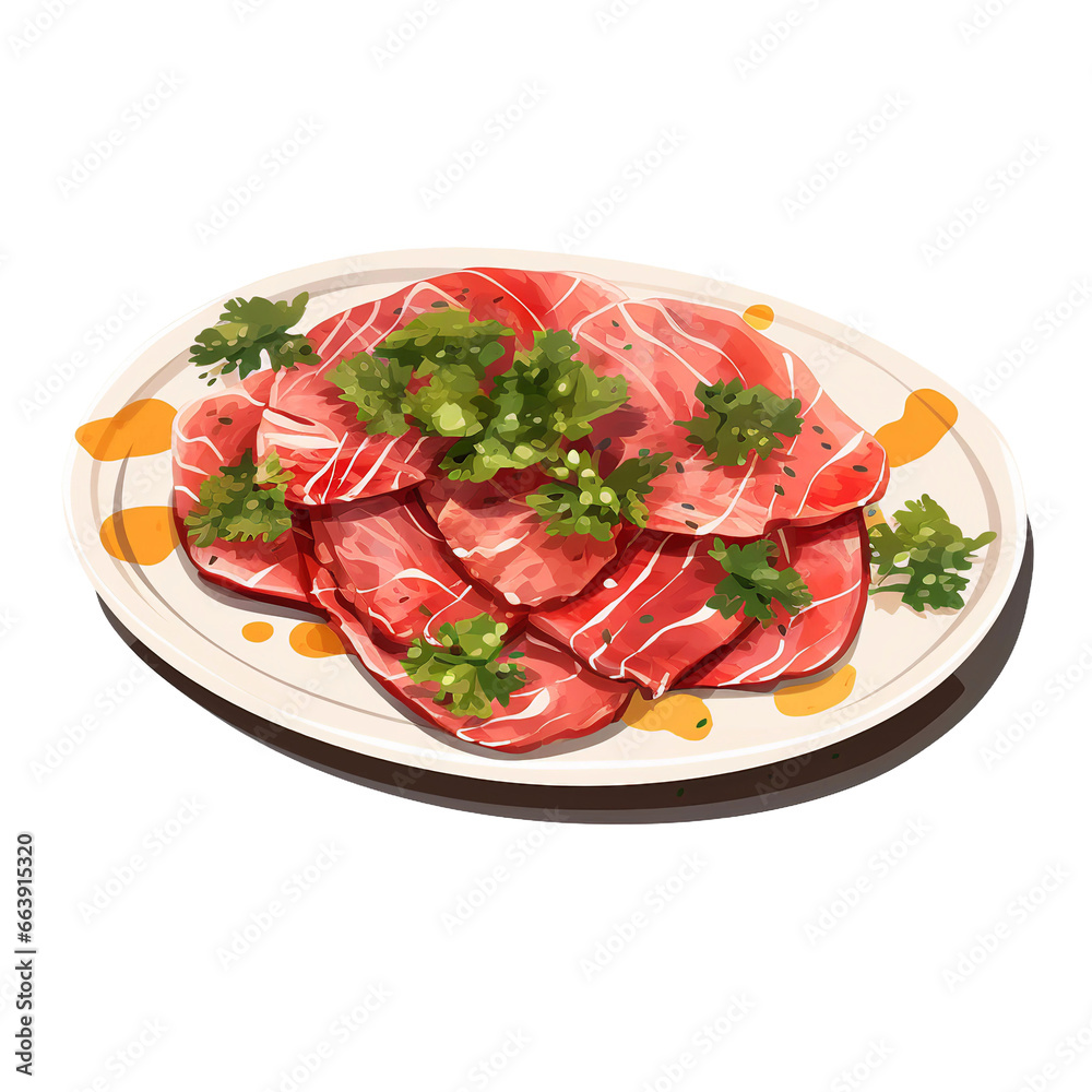 Beef Carpaccio Watercolor Art on Transparent Background - Gourmet Culinary Illustration
