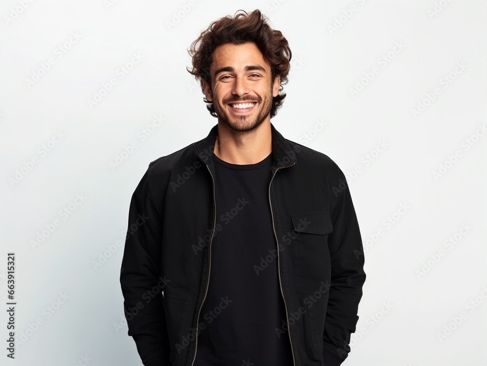 Fototapeta premium People positive emotions concept. Studio waist up of young happy smiling broadly Hindu man standing in centre isolated on white background wearing black casual t shirt looking straight at camera