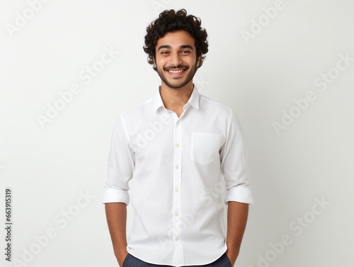 People positive emotions concept. Studio waist up of young happy smiling broadly Hindu man standing in centre isolated on white background wearing black casual t shirt looking straight at camera