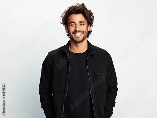 People positive emotions concept. Studio waist up of young happy smiling broadly Hindu man standing in centre isolated on white background wearing black casual t shirt looking straight at camera