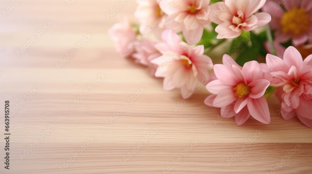 Empty Wooden surface for presentation with blurred garden and flowers background, mockup, Space for presentation product Empty Wooden surface for presentation with blurred garden and flowers background, mockup, Space for presentation product