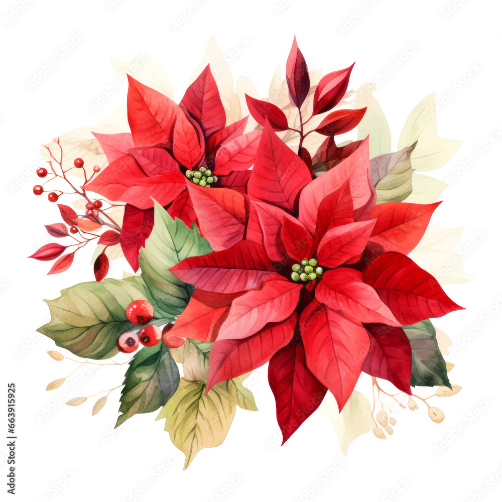 Illustration of poinsettia flower branch and berries on white background. Winter holidays decoration concept