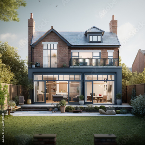 British home detached cottage with modern and traditional elements, country gardens