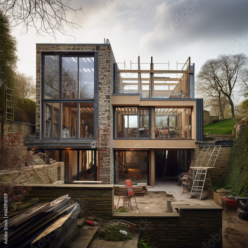 construction works on a British home, scaffolding around a English building