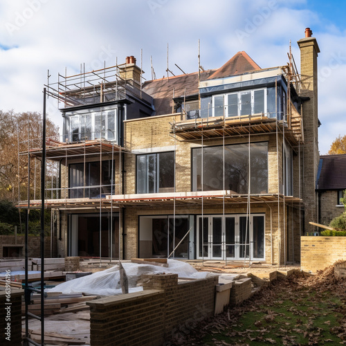 construction works on a British home, scaffolding around a English building