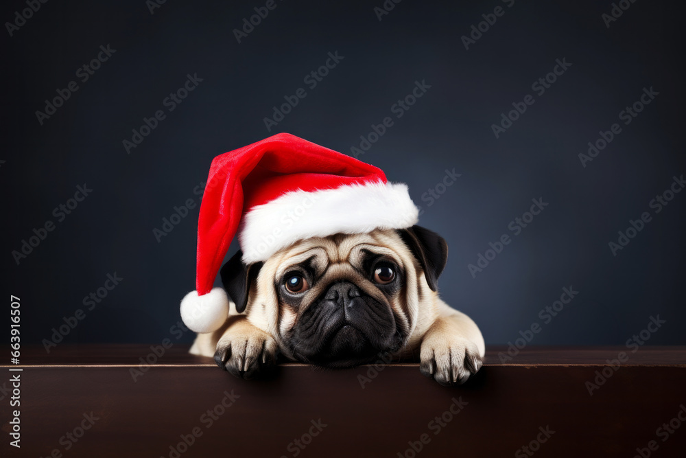 Sad lonely French bulldog in red Christmas hat poses on a dark blue background. Winter holidays concept