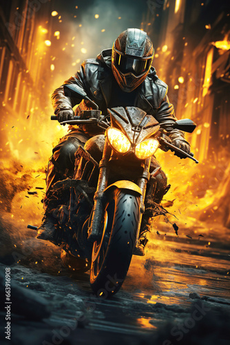 Fotografiet male biker motorcyclist rider in helmet rides a sports motorcycle in a race in n