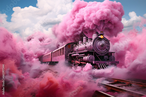pink train with a pink smoke that is coming out of its engine, adventure themed