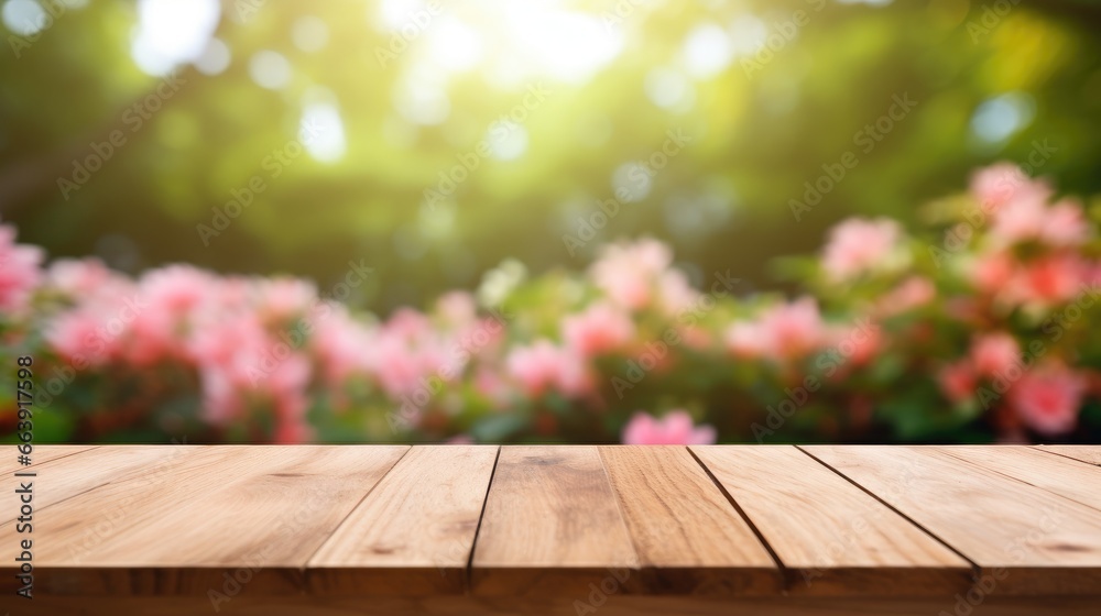 Empty Wooden surface for presentation with blurred garden and flowers background, mockup, Space for presentation product. for product display montages, punk tones Empty Wooden surface for presentation with blurred garden and flowers background, mockup, Space for presentation product. for product display montages, punk tones