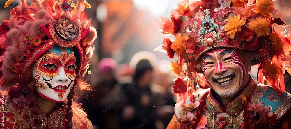Banner, Celebrating the Chinese New Year with a Traditional Masked Costume With copy space for text