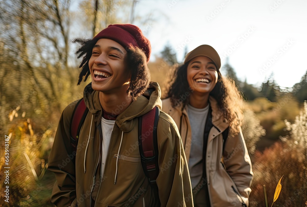 young african american couple happily hiking in the mountains, sport concept