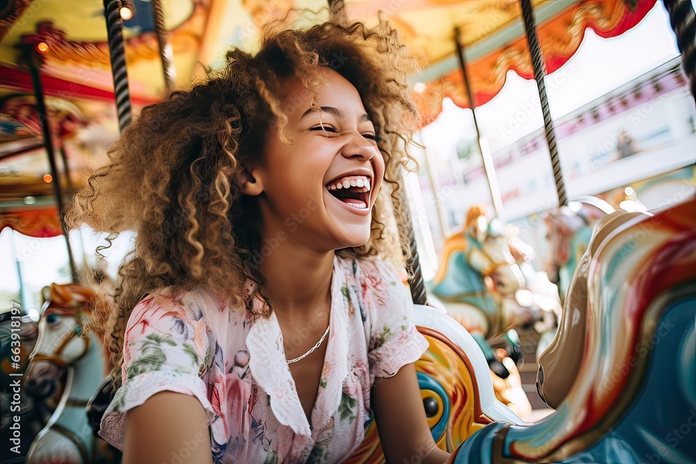African-American girl, on the carousel with a happy and cheerful character, entertainment concept