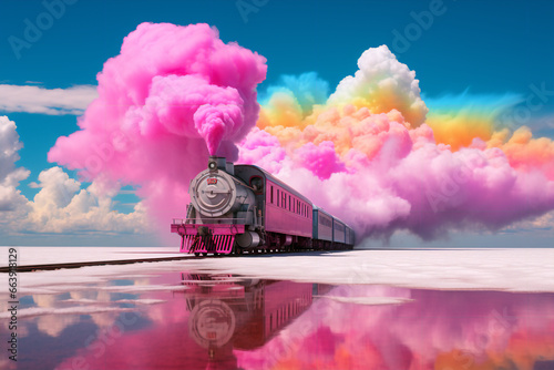 pink train traveling on a rainbow salt plain, in the style of fantastical otherworldly visions
