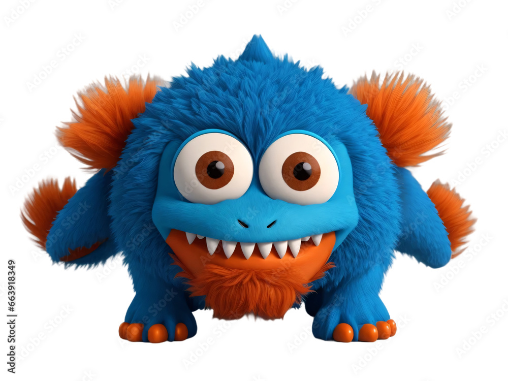 Cute blue furry monster on a transparent background. Generative Ai.