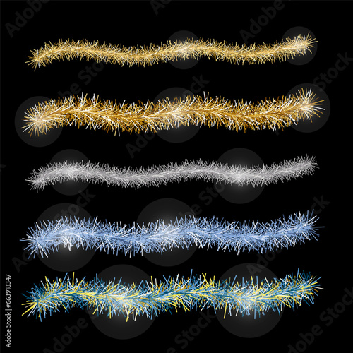 Gold and multicolored tinsel. Decoration for the Christmas tree for New Year and Christmas. Vector illustration