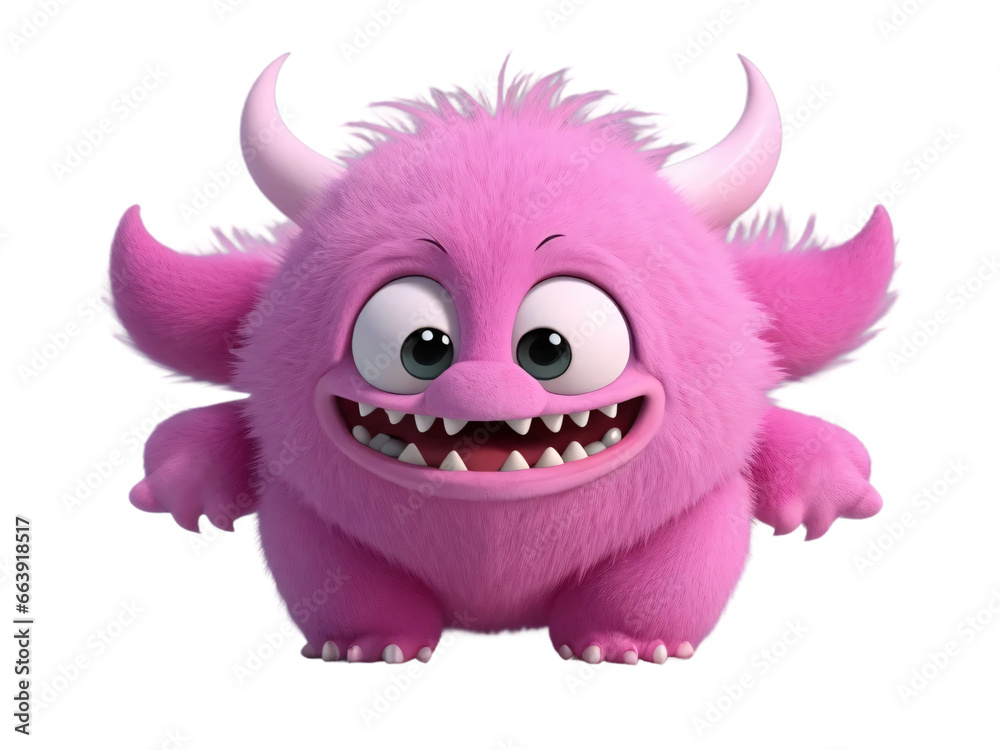 Cute pink furry monster on a transparent background. Generative Ai.