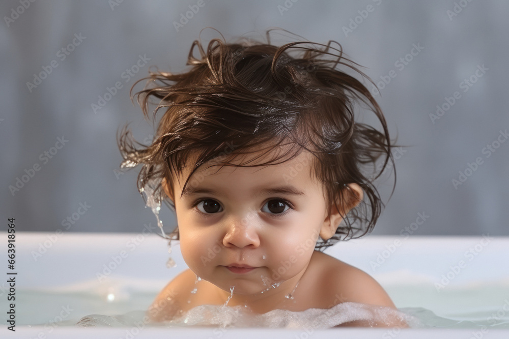 cute little girl bathing in the bathroom