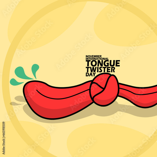 Illustration of a twisted tongue, with bold text on light yellow background to celebrate International Tongue Twister Day on November 12 