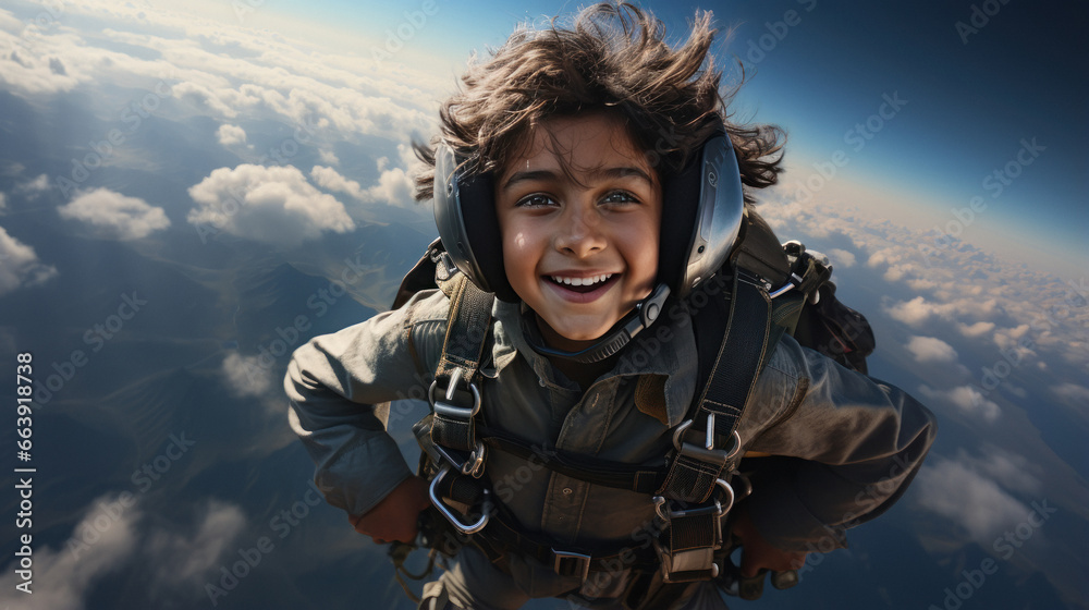 Cute little child enjoying skydiving