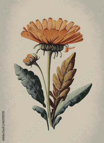 illustrazione in stile tavola botanica di piantina con foglie e fiore arancio