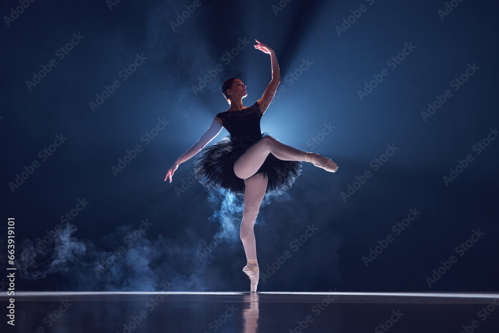 Graceful, talented young woman, professional ballerina in motion, dancing over dark background with smoke effect. Concept of classical dance, art and grace, beauty, choreography, inspiration