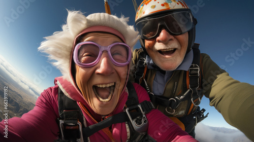 Senior couple enjoying together skydiving